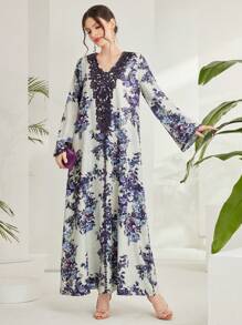 Al Najma Embroidery And Patchwork Flower Pattern Bell Sleeve Kaftan Modest Long Sleeve Arabian Dress