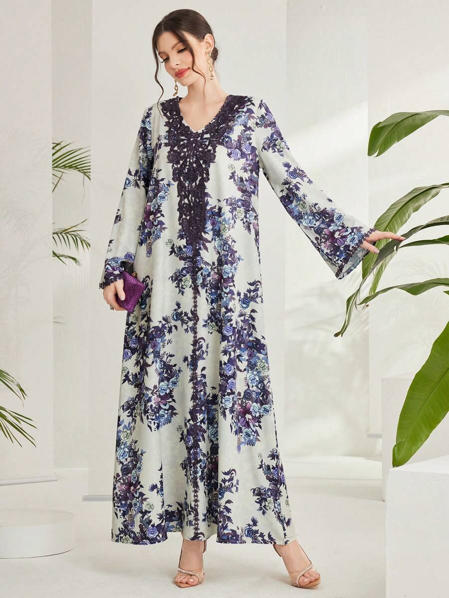 Al Najma Embroidery And Patchwork Flower Pattern Bell Sleeve Kaftan Modest Long Sleeve Arabian Dress