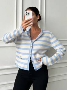EURMUSE Vertical Striped Button Up Cardigan - Baby Blue - View 5