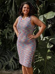 SHEIN LUNE Plus Size Hollow Out Knit Side Slit Sleeveless Sweater Dress - Multicolor - View 5