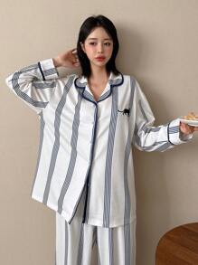 DAZY Bộ đồ ngủ dài tay họa tiết mèo sọc màu trắng và quần dài cho nữ, trang phục mùa thu - trắng - Xem 4