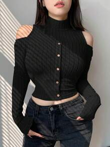 Dazy Designer Women's Stand Collar Cold Shoulder Long Sleeve T-Shirt