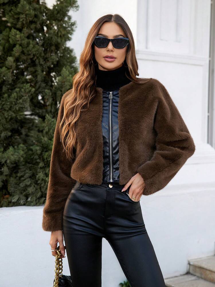 Ladies' Plush Pu Leather Patchwork Jacket Fall Cloth For Women