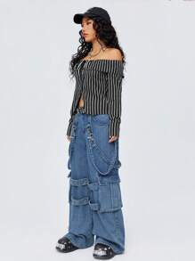 SHEIN EZwear Off Shoulder Sọc Của phụ nữ Áo sơ mi - màu đen - Xem 4