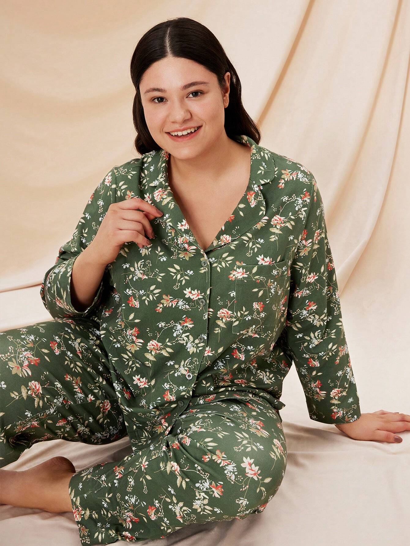 Pyjamas de Noël et du Nouvel An Femmes Plus Doux Coton Petit Imprimé Floral Long Ensemble de Pyjama Femme Ensemble de Détente Vêtements de Lingerie Pyjamas en Coton Cottagealumber