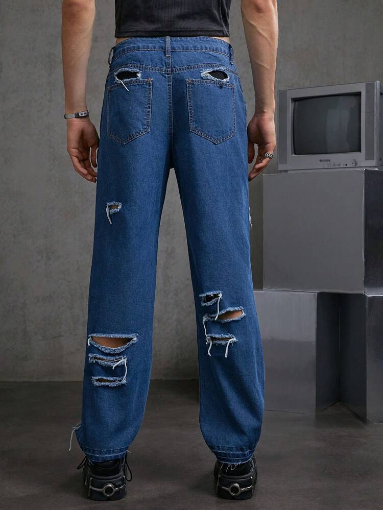 Men's Water Washed Ripped Hole Personalized Casual New Fashion Jeans, No Belt Included
