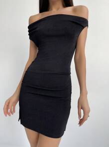 Aloruh Women's Off-Shoulder Ruched Bodycon Dress With Slit Detail - Black - View 5