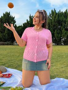 SHEIN Qutie Plus Size Women's Short Sleeve Cute Pink Cardigan For Spring - Baby Pink - View 2