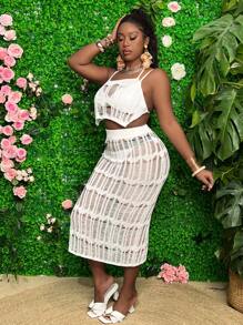 Slaydiva Plus Size Hollow Out Knitted Sweater 2pcs/Set - White - View 5