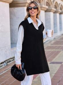 EURMUSE Solid Split Hem Sweater Vest Without Blouse - Black - View 6