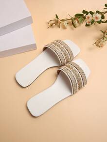 女士白色開框編織帶平底涼鞋,時尚且多功能的羅馬風格休閒鞋 - 白色 - 查看 3