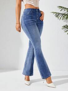 SHEIN Privé 女士水洗喇叭牛仔褲 - 藍色 - 查看 1