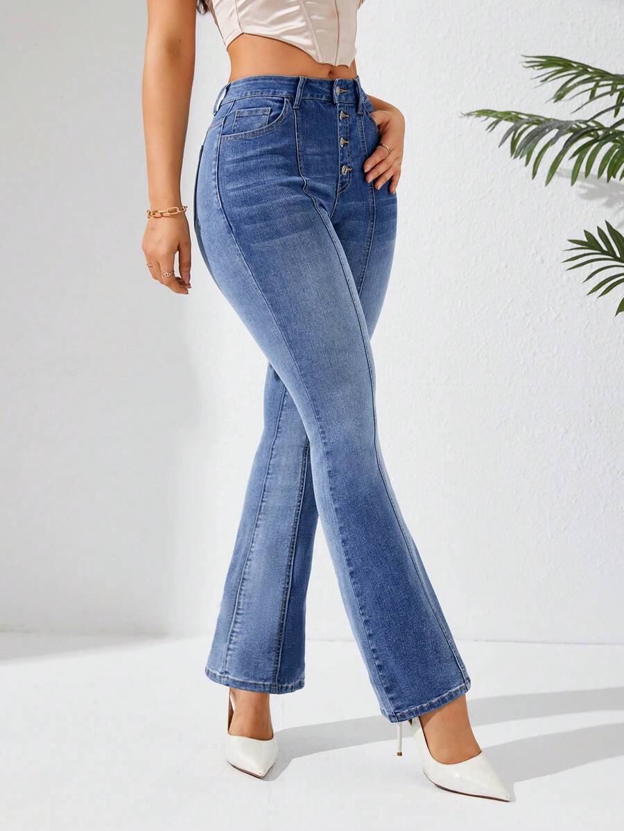 SHEIN Privé 女士水洗喇叭牛仔褲 - 藍色 - 查看 1