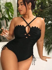 Slaydiva Kích thước lớn Dây rút Halterneck Đan chéo Đồ bơi một mảnh - màu đen - Xem 3