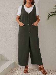 EMERY ROSE Plus Size Women'S Olive Green Jumpsuit With Buttoned Front, Split Design And Pockets - Army Green - View 1