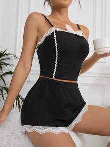 Women's Bow Knot Decorated Lace Trimmed Vest Top And Shorts Pajama Set