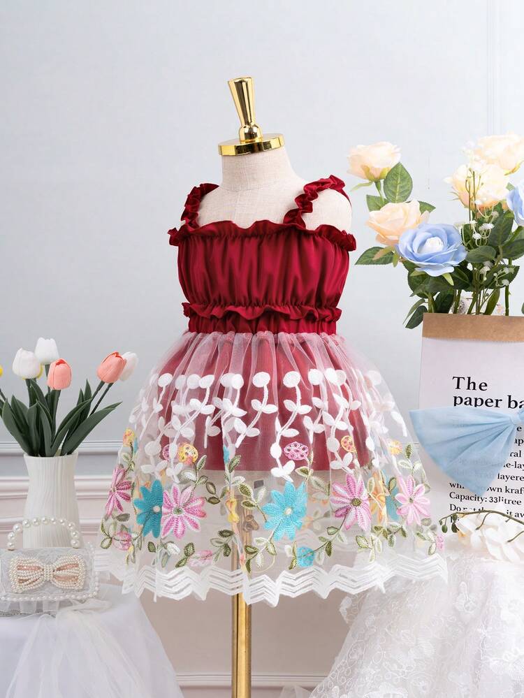 Baby Girl 2pcs/Set Red Ruffled Hem Cami Top And Embroidered Mesh Skirt Set, Gorgeous Cute Daily Casual Outfit