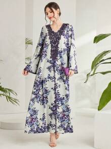 Al Najma Embroidery And Patchwork Flower Pattern Bell Sleeve Kaftan Modest Long Sleeve Arabian Dress