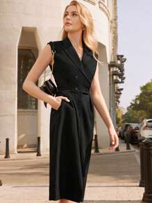 Anewsta Women's Sleeveless Double Breasted Suit Collar Dress