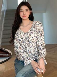 DAZY 女士花朵印花荷葉邊衣服配蘭頓袖 - 彩色 - 查看 3