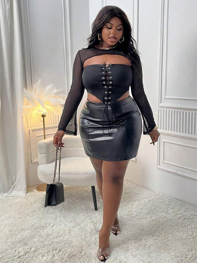 Slayr Plus Size Sexy Street Style Solid Color Bodycon Cutout Tie Knot Mesh Panel Long Sleeve Cropped T-Shirt Top, Date Night, Club Outfits, Black Top, Concert