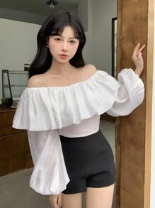 DAZY Solid Color Off-Shoulder Ruffle And Lantern Sleeve Women's Shirt,Off Shoulder Top Long Sleeve Top Going Out Tops - White - View 9