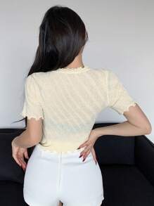 Women's Solid Crop Top Lace Trim Thin Short Sleeve Cardigan - Beige - View 2