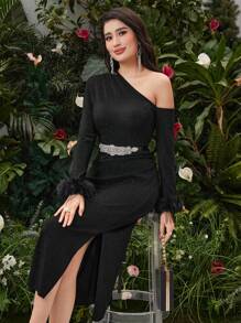 Modelyn Asymmetric Collar Sleeve Dress - Black - View 1