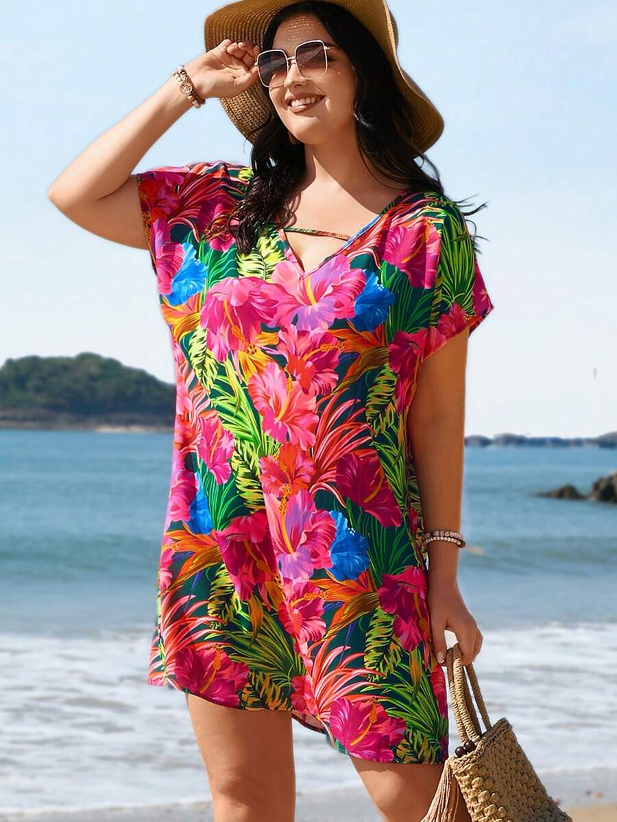 SHEIN VCAY Vestido Floral Magenta De Talla Grande Con Estampado De Plantas Tropicales - Multicolor - Ver 1