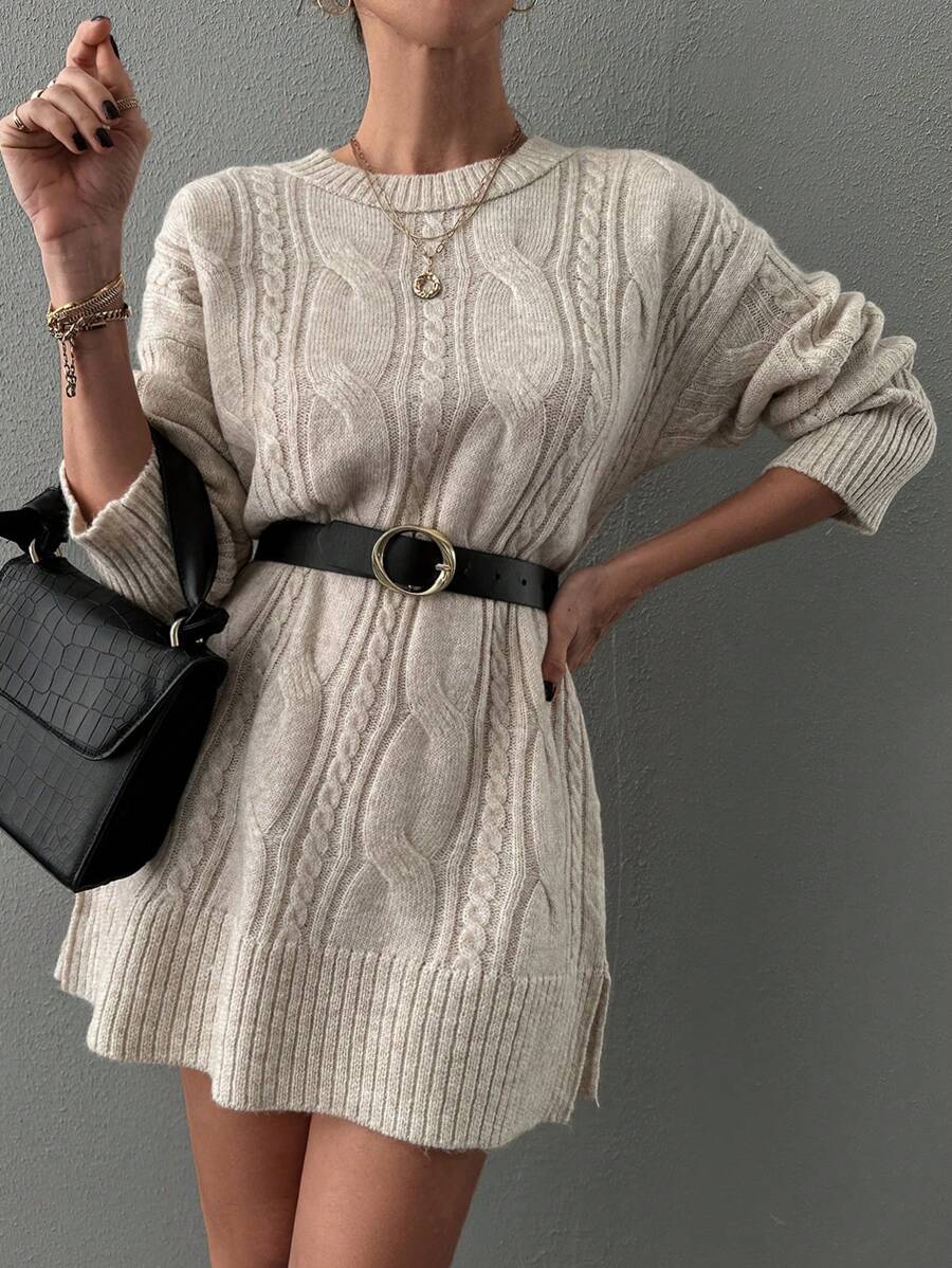 EURMUSE Kabelstickad Fållen Slits Sweater Klänningar utan Bälte - Beige - Visa 1