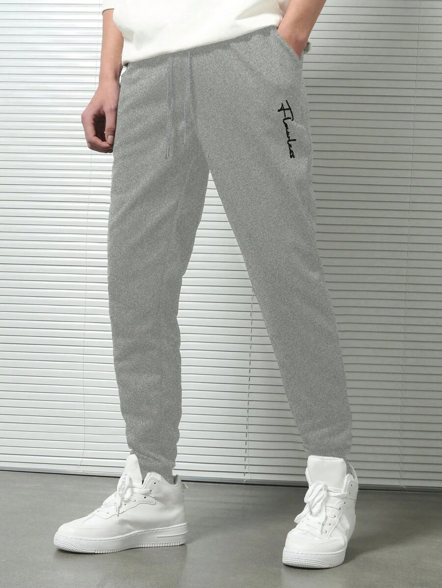 EURMUSE Pantalones de chándal con cordón en la cintura y estampado de letra para hombre - Gris - Ver 1