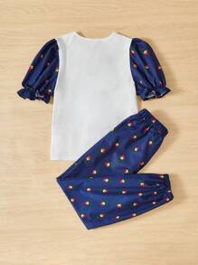 SHEIN Leap Crew Tween Girls' Loose Fit Floral Printed Splicing T-Shirt And Pants Set With Cartoon Girl Pattern - Blue - View 2