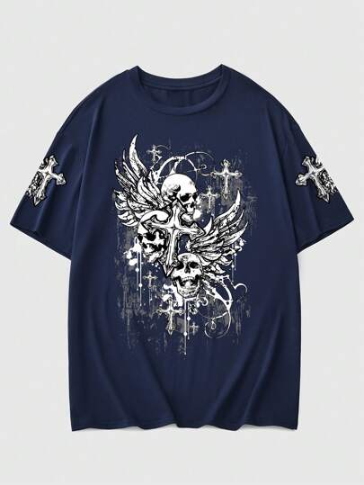 Goth Herren Kurzarm T-Shirt mit Flügel- und Totenkopf-Muster, Schule, 2000er Jahre Stil