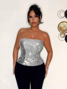 SHEIN SXY Ladies' Silver Metallic Sparkling Strapless Top - Silver - View 1