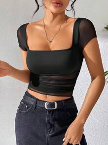 SHEIN PETITE Solid Color Mesh Splice Slim Fit Top - Black - View 3