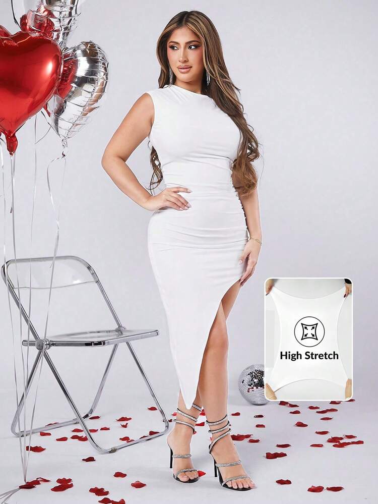 Solid Color Stretch Asymmetric Neckline Pleated Dress