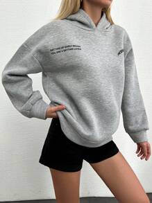 SHEIN Cottnline Letter Graphic Drop Shoulder Hoodie - Light Grey - View 5