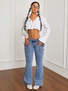 SHEIN ICON 休闲侧条纹工装口袋牛仔喇叭裤 - 淺色水洗藍 - 查看 6