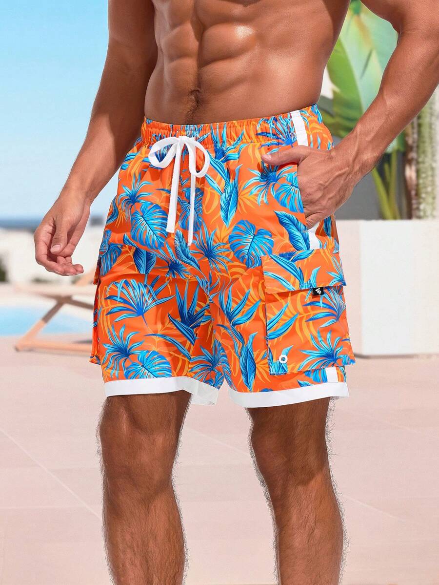 Surfspeed Men's Tropical Printed Beach Shorts - Orange - View 1