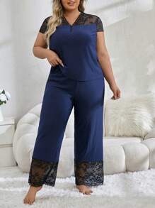 Plus Size Women's Lace Patchwork Short Sleeve Top And Pants Pajama Set - Royal Blue - View 4