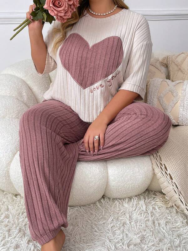 Plus Size Heart & Letter Embroidered Top And Solid Color Pants Pajama Set