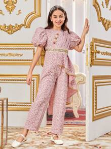 SHEIN 少女休閒圓領泡泡袖花卉連身褲 - 粉色 - 查看 6