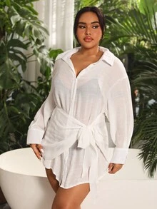 SHEIN VCAY 大尺碼純色透明翻領和服外套 - 白色 - 查看 4