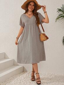 EMERY ROSE Kích thước lớn Của phụ nữ Họa tiết Hình học Tách cao Vòng eo Eo đàn hồi Xếp li tay cánh Cổ chữ V A-line Giải trí Mùa hè Đầm - Nhiều màu - Xem 6