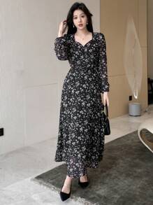 DAZY Của phụ nữ In hoa Người yêu Đường viền cổ áo Đầm - màu đen - Xem 8