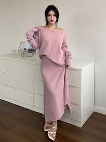 DAZY Women's Two Pieces Set- Solid Color Loose Fit Long Sleeve Sweater And Long Pleated Skirt - Pink - View 5