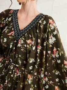 Al Najma Vestido De Manga Murciélago Con Estampado Floral - Verde - Ver 7