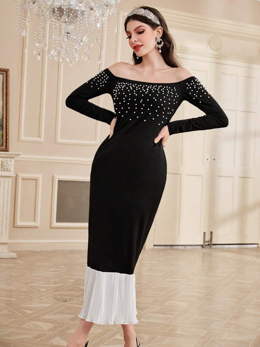 Modelyn 女士珠飾露肩v領魚尾晚禮服 - 黑色 - 查看 1