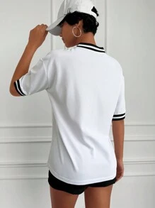 EURMUSE Letter Graphic Striped Trim Baseball Collar Tee - White - View 2