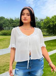 SHEIN Qutie Kích thước lớn Màu thuần Thêu Trang trí ren mỏng Ngắn Áo sơ mi - trắng - Xem 3